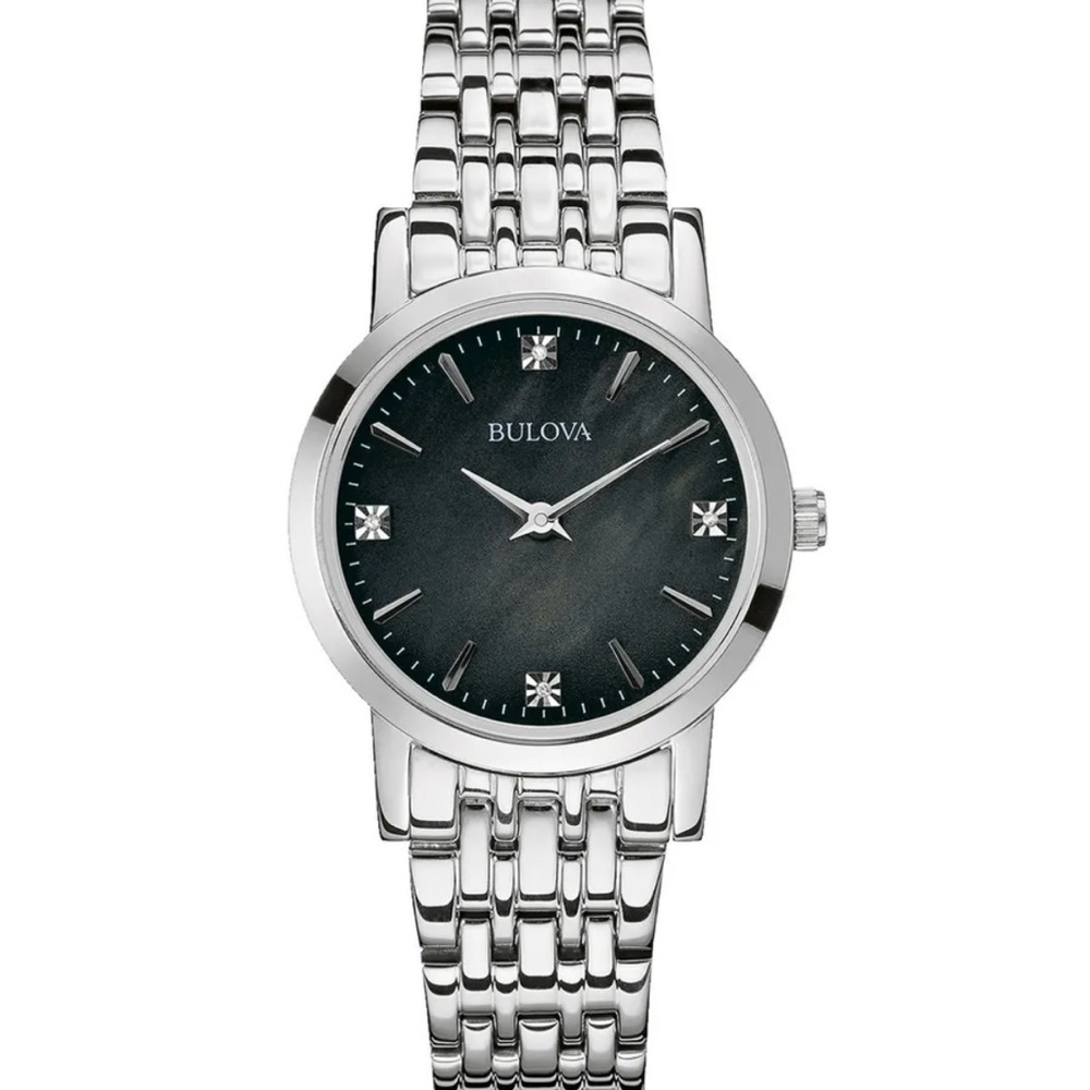 Bulova Women's Quartz Diamond Accents Black Dial Silver Tone 27mm Watch 96P148